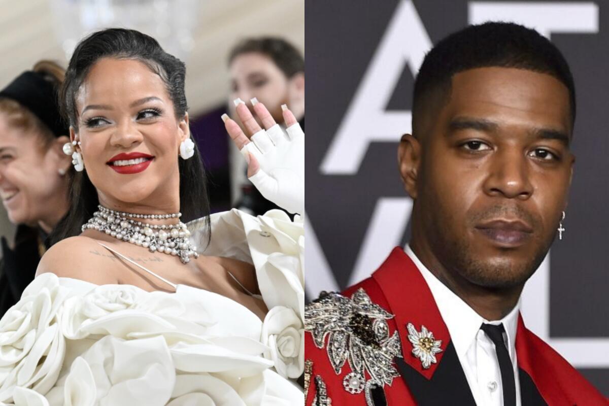 A split image of Rihanna waving in a white dress and Kid Cudi looking straight ahead in a red blazer