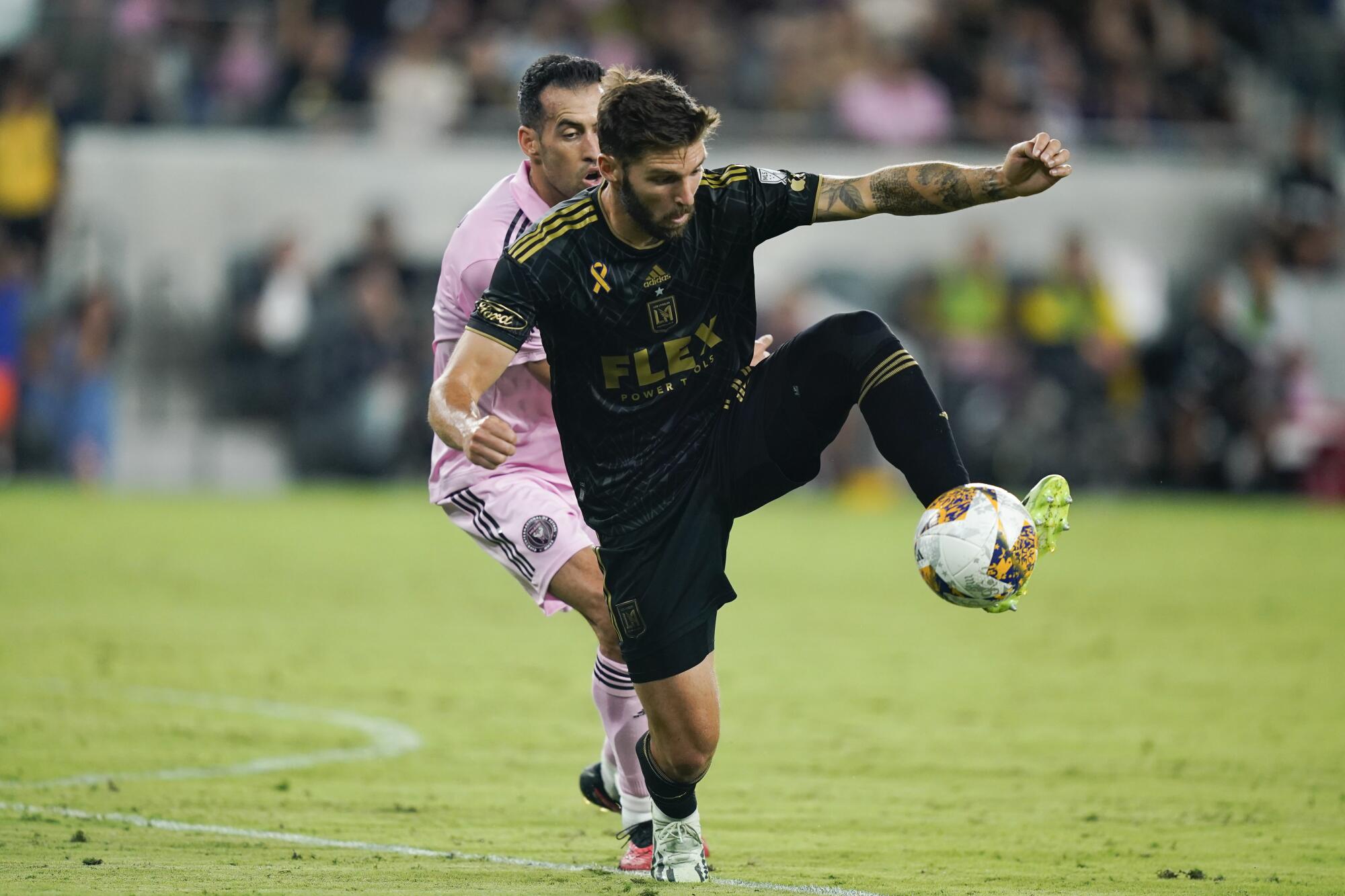 LAFC midfielder Ryan Hollingshead controls the ball during a match against Inter Miami on Sept. 3.