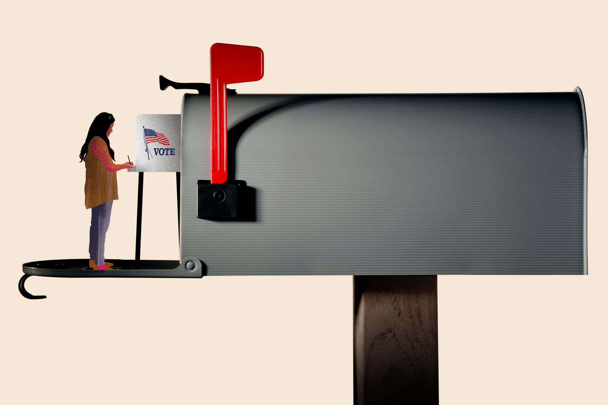An illustration of a figure voting inside a mailbox with the red flag raised.