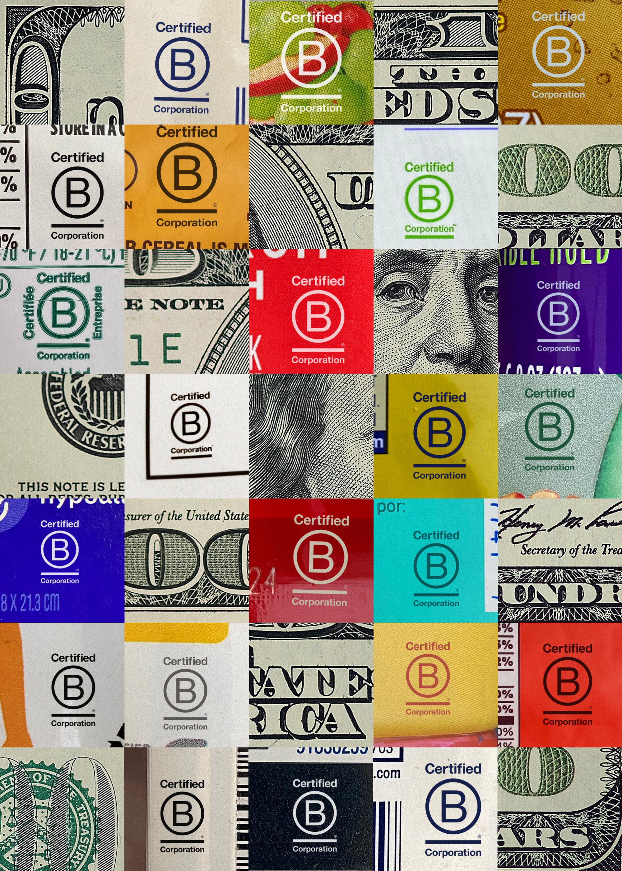 Photo illustration of B Corp logos on labels and money arranged in a grid