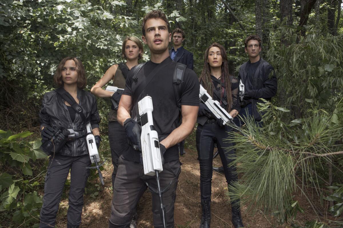 From left: Zoë Kravitz, Shailene Woodley, Theo James, Ansel Elgort, Maggie Q and Miles Teller star in "The Divergent Series: Allegiant."