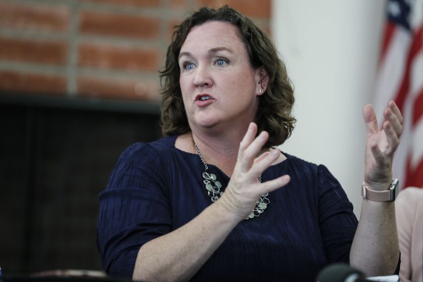 Huntington Park, CA, Friday, February 10, 2023 - Senate candidate Rep. Katie Porter (D-CA)conducts a round-table discussion with local leaders and activists to discuss the city's continuing environmental and social justice issues. (Robert Gauthier/Los Angeles Times)