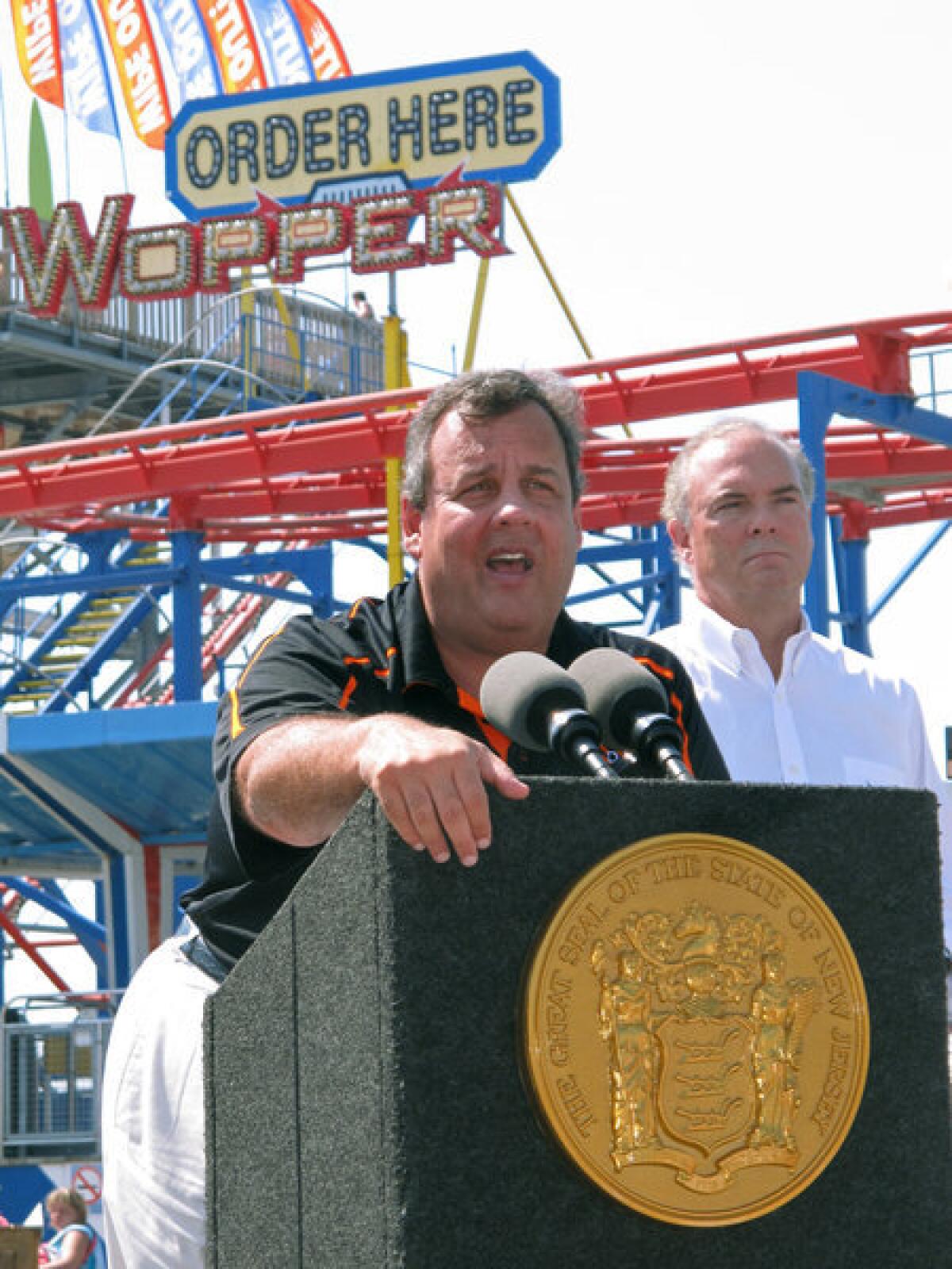 New Jersey Gov. Chris Christie touts the state's recovery from Hurricane Sandy on the boardwalk in North Wildwood.