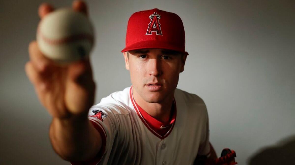 Angels relief pitcher Mike Morin poses for a portrait during the team's photo day on Feb. 21.