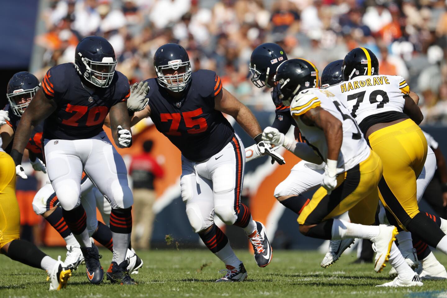Bears offensive tackle Bobby Massie (70) and offensive guard Kyle Long (75) in the third quarter against the Steelers at Soldier Field on Sunday, Sept. 24, 2017.