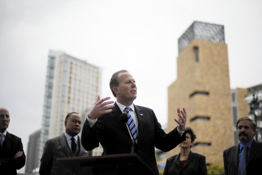 San Diego Mayor Kevin Faulconer speaks at a Jan. 30 news conference about the city's efforts to build a new stadium for the Chargers. On Monday night, the public will get a chance to vent at a scheduled three-hour meeting of the stadium advisory committee appointed by Faulconer.