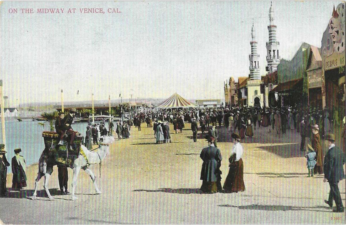 A vintage postcard depicts the Venice midway.