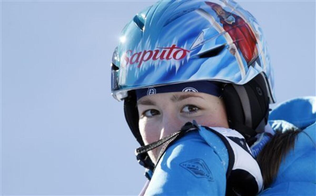 Canada's Chloe Dufour-Lapointe waits to hear her score in the ladies' moguls final at the World Cup freestyle skiing event in Wilmington, N.Y., on Thursday, Jan. 21, 2010. (AP Photo/Mike Groll)