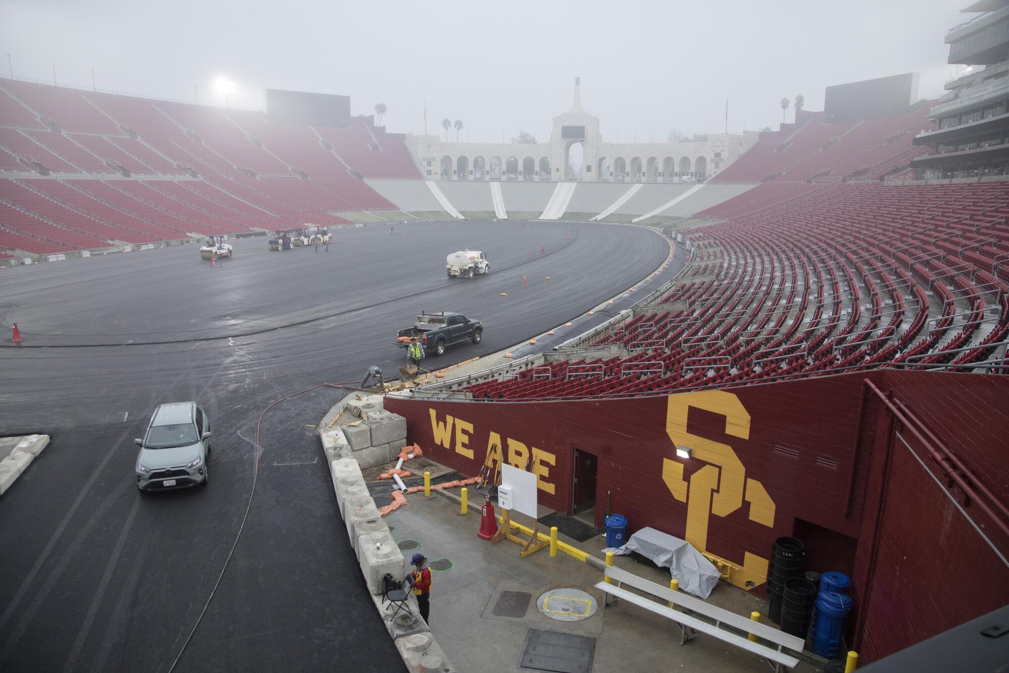 The Coliseum is being converted to a race track for the Busch Light Clash at the Coliseum NASCAR race.