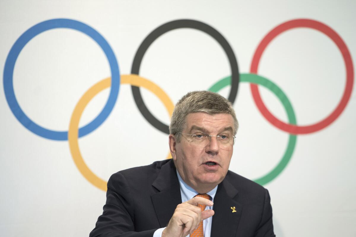 International Olympic Committee President Thomas Bach speaks at a news conference on July 9, 2014 after an executive board meeting in Lausanne, Switzerland.