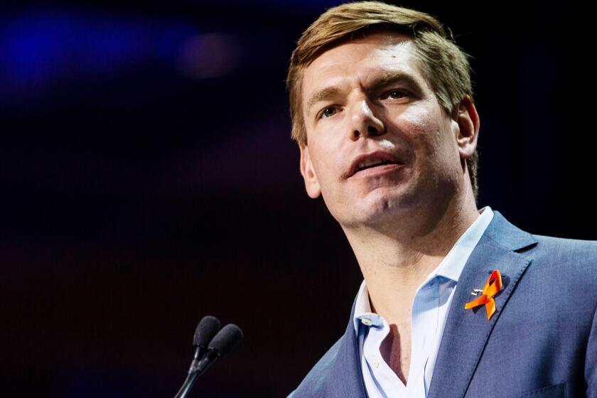 SAN FRANCISCO, CALIF. - JUNE 01: U.S. Rep Eric Swalwell speaks during the 2019 California State Democratic Party Convention at Moscone Center on Saturday, June 1, 2019 in San Francisco, Calif. (Kent Nishimura / Los Angeles Times)