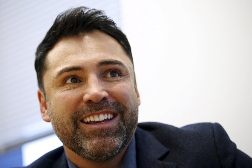 Boxing promoter and former boxer Oscar De La Hoya speaks during an interview with Reuters in New York