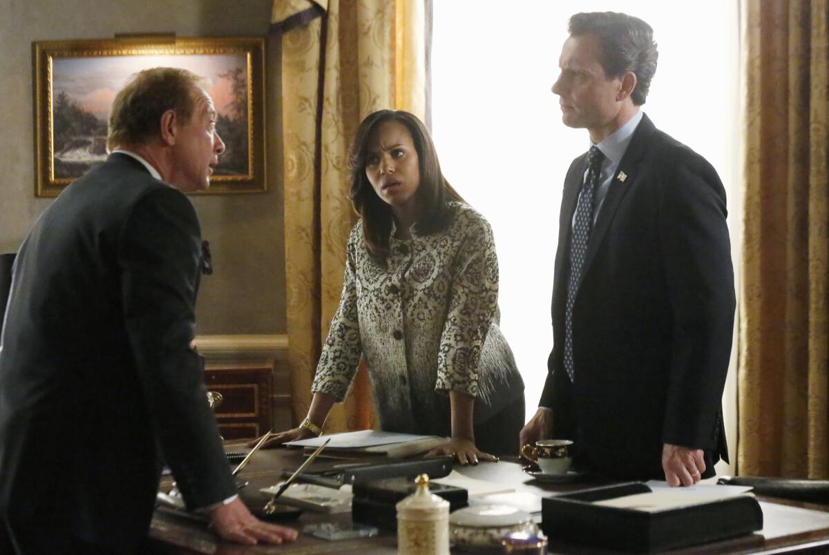 Jeff Perry, left, Kerry Washington and Tony Goldwyn in "Scandal." The series will air its season finale in April.