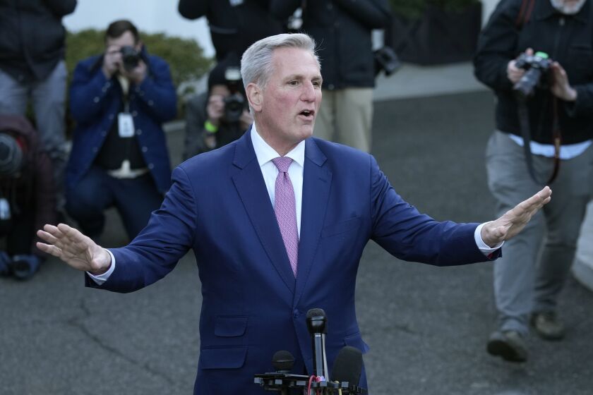 House Speaker Kevin McCarthy of Calif., talks with reporters outside the West Wing of the White House in Washington following his meeting with President Joe Biden, Wednesday, Feb. 1, 2023. (AP Photo/Susan Walsh)
