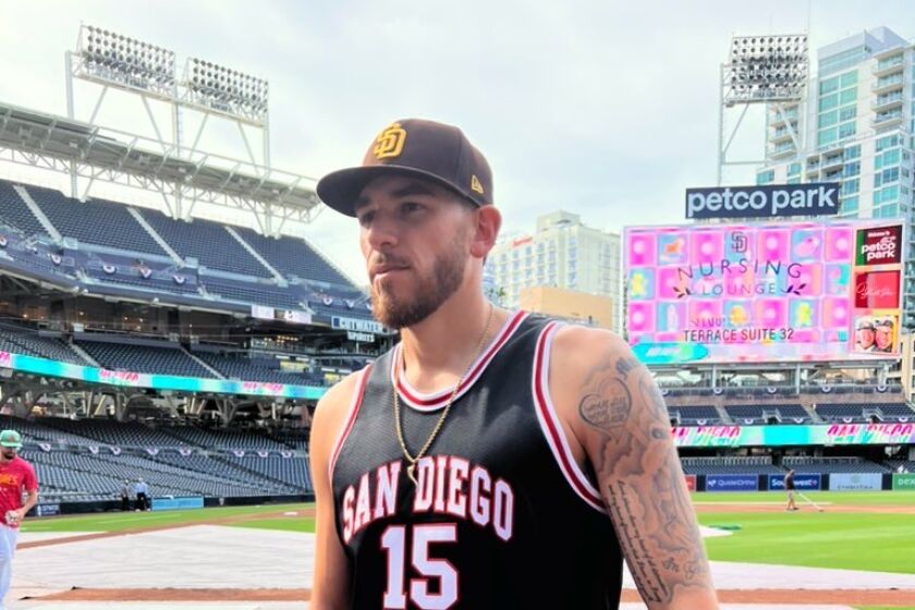 Padres pitcher Joe Musgrove sports a Kawhi Leonard San Diego State picture before Friday's game at Petco Park. The jerseys were a gift from Leonard.