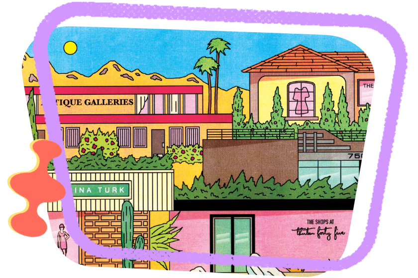 Illustration of outdoor shopping center in a desert scene, surrounded with a purple frame and blue retro icon