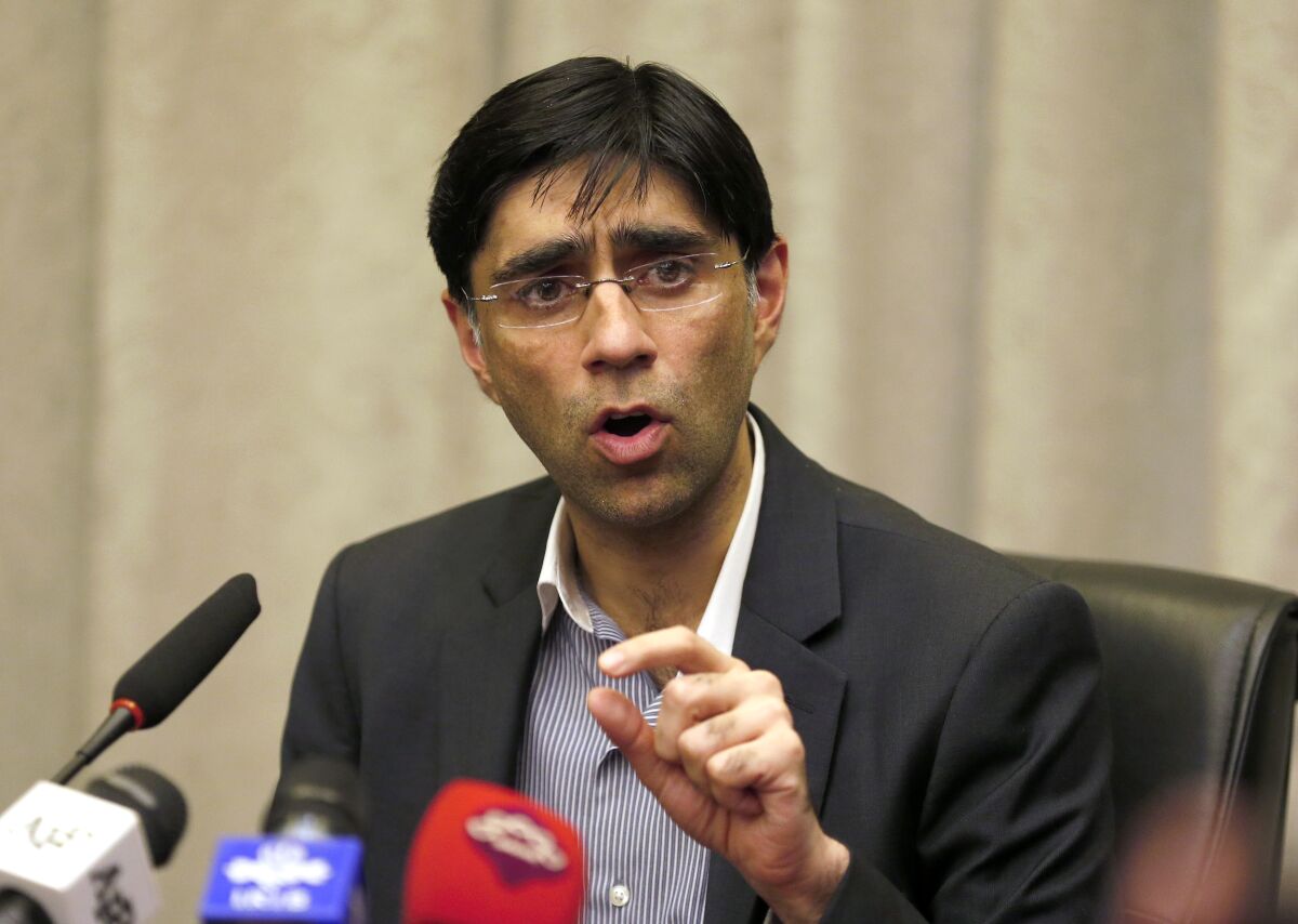 Pakistan's National Security Advisor Moeed Yusuf gives a news conference, in Islamabad, Pakistan, Wednesday, Sept. 15, 2021. Yusuf said Wednesday that he hoped the new Taliban government will not allow any militant group, including Tehrik-e-Taliban Pakistan, to use the Afghan soil for attacks against Pakistan or any other country. (AP Photo/Anjum Naveed)