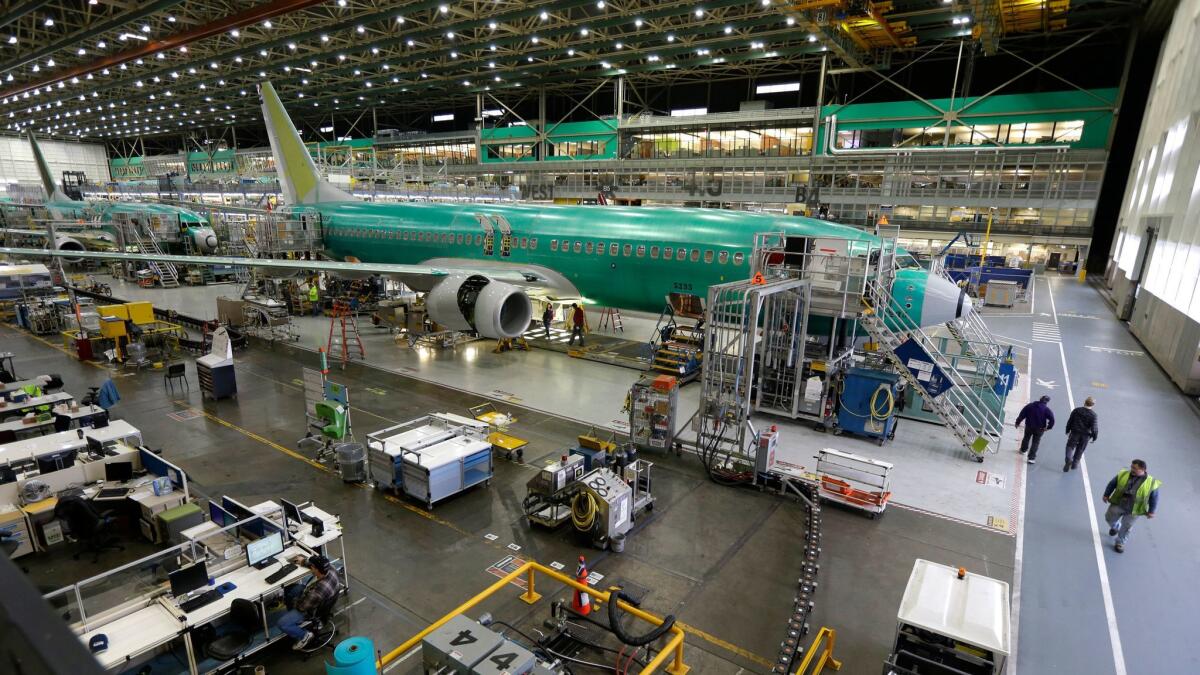 Boeing 737-800 airplanes on the assembly line in 2014 in Renton, Wash.