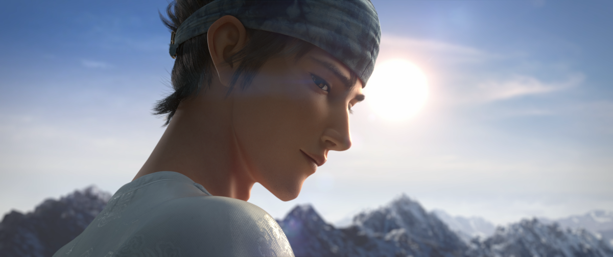 An animated image of a young man wearing a headband. In the distance beyond him are mountains.