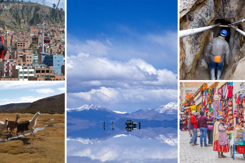 The sights in Bolivia include the colorful gondolas and markets of La Paz, top left and bottom right; the wildlife and salt flat of Salar de Uyuni,bottom left and center; and Potosi's silver-laden mine, Cerro rico, top right.