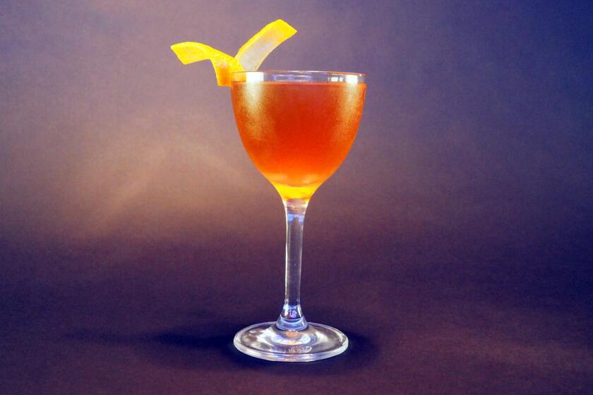 The Harvest Moon cocktail, to be served at Skyfall Lounge in Las Vegas, includes Rittenhouse rye whiskey, cacao-nib-infused Clear Creek pear brandy, Avua Ambruana cachaça and Carpano Antica Formula sweet vermouth.