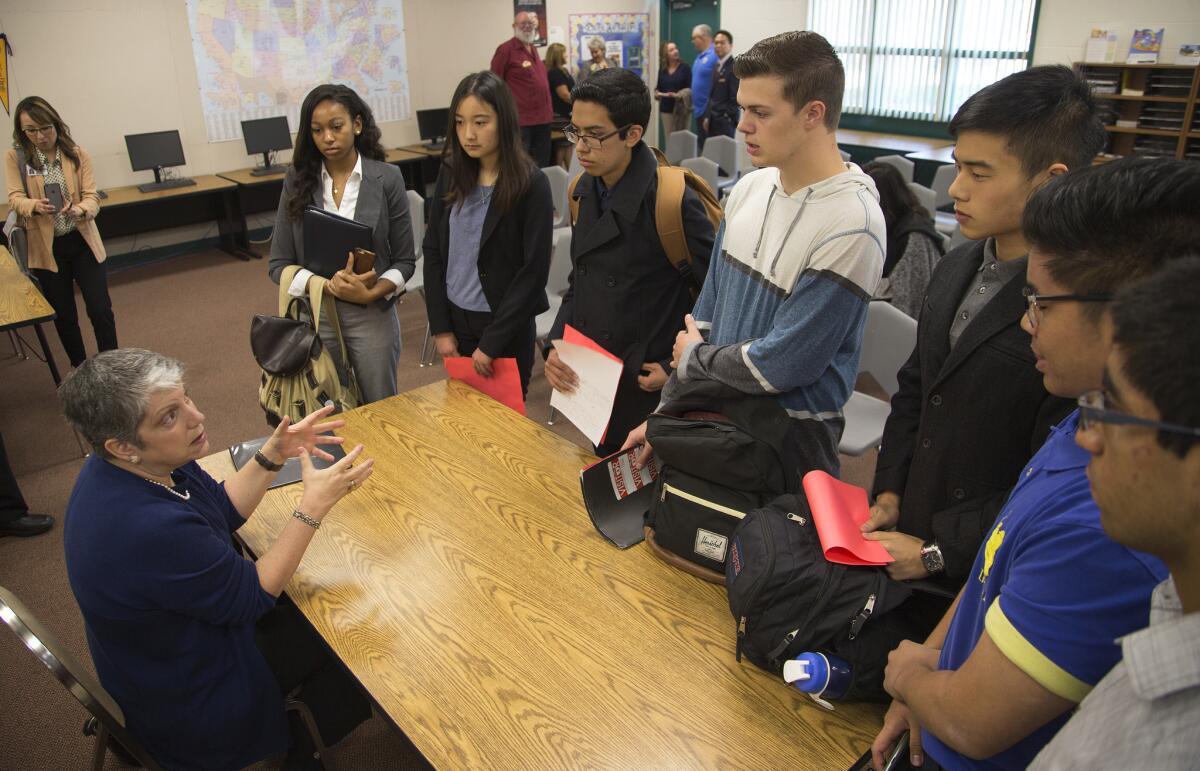 University of California President Janet Napolitano meets with students who have been admitted to UC schools at Eleanor Roosevelt High School in Corona in April.