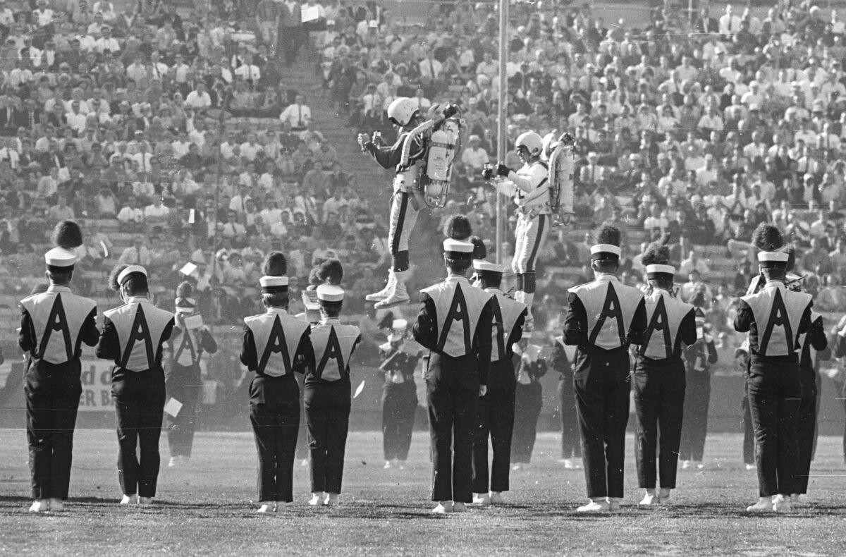 Jan. 15, 1967: The Bell Rocket Air Men perform as part of the halftime show at first Super Bowl game at Los Angeles Memorial Coliseum between Green Bay Packers and Kansas City Chiefs.
