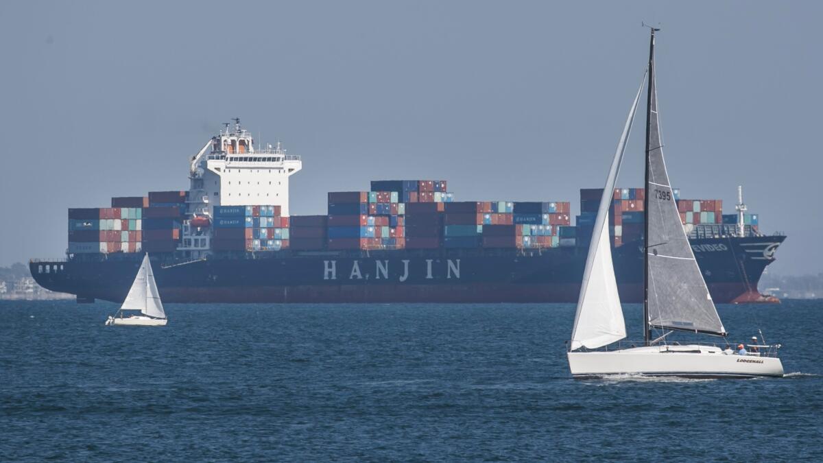 The Hanjin Montevideo and two other ships have been anchored off the Southern California coast for days. One, the Hanjin Greece, was allowed to dock and unload cargo Saturday.