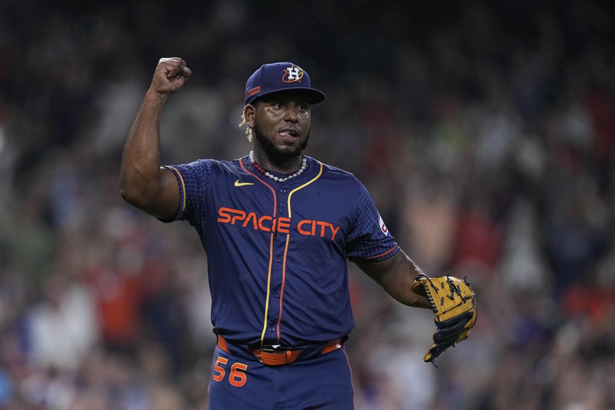 Houston Astros starting pitcher Ronel Blanco celebrates after throwing a no-hitter against the Toronto Blue Jays.
