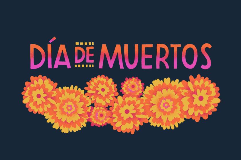 "Día de Muertos" in orange and pink text. Pink, orange and yellow marigolds line the text on the bottom. 