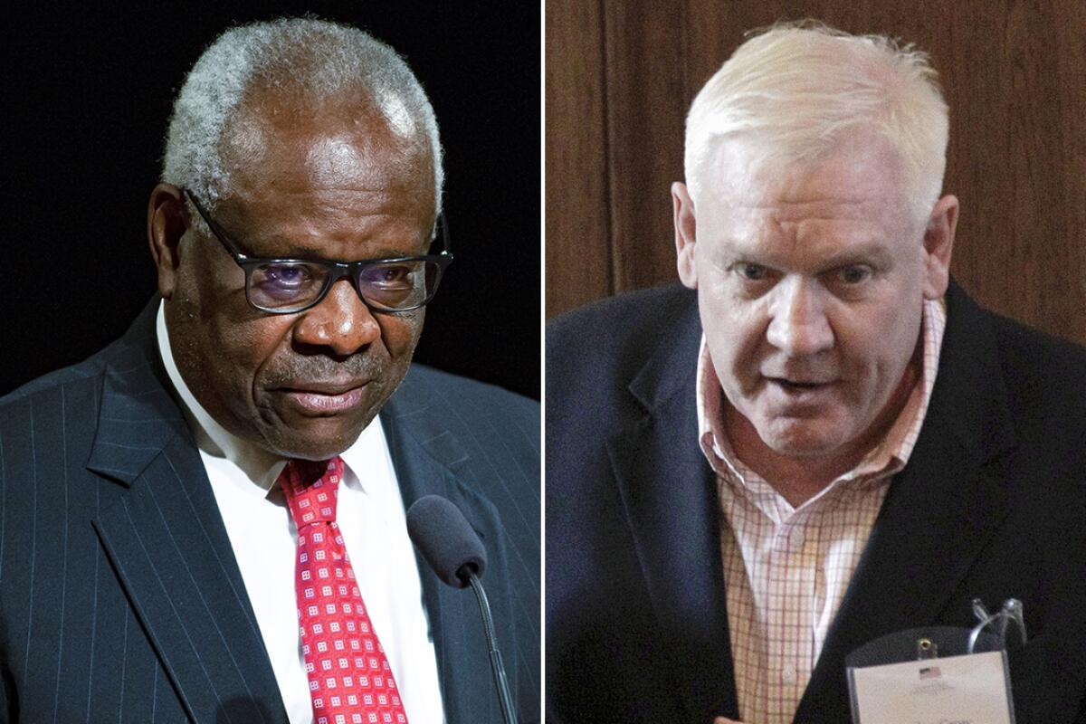 Supreme Court Justice Clarence Thomas, left, and billionaire Republican donor Harlan Crow