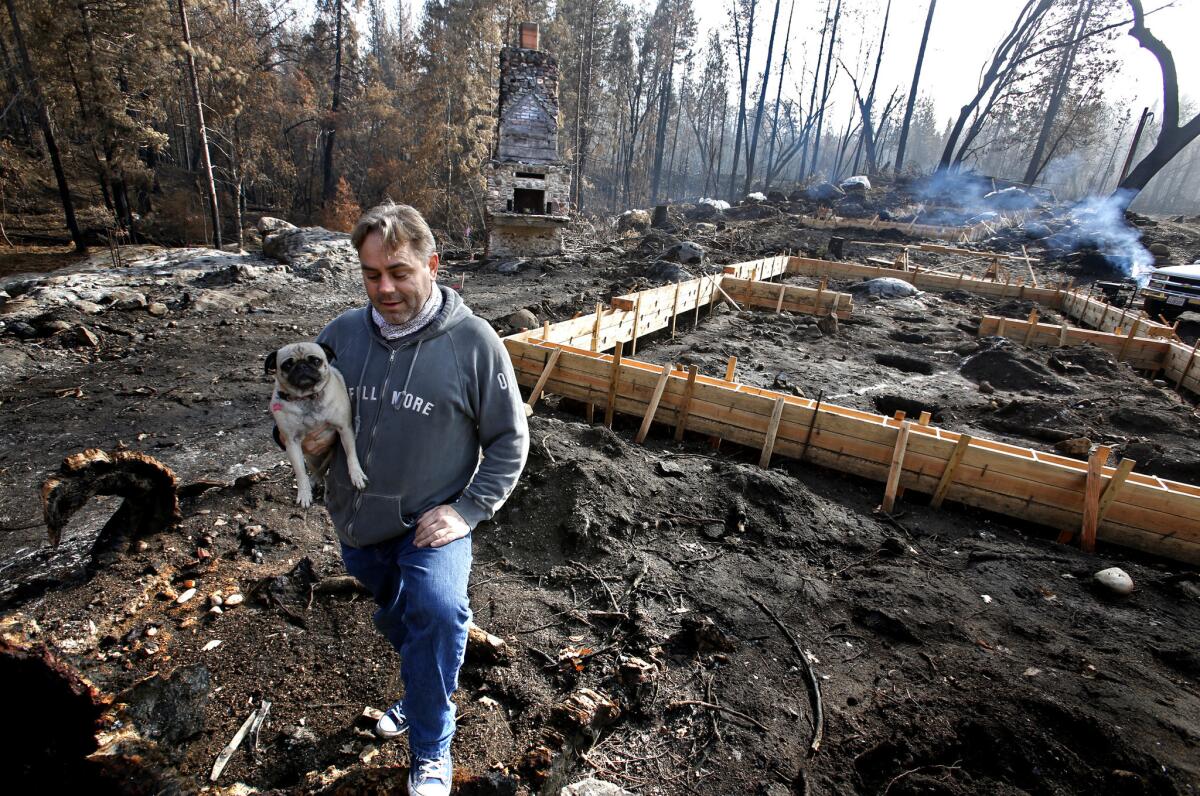 Dharma Barsotti stands in what used to be the base of a 1,000-year-old oak tree that towered over his family's old home on the Spinning Wheel ranch near Groveland, Calif. In mid-August 2013, the Rim fire incinerated the 1920s-era building, leaving only the fireplace. Barsotti is rebuilding but the fire ruined his once-thriving resort business.