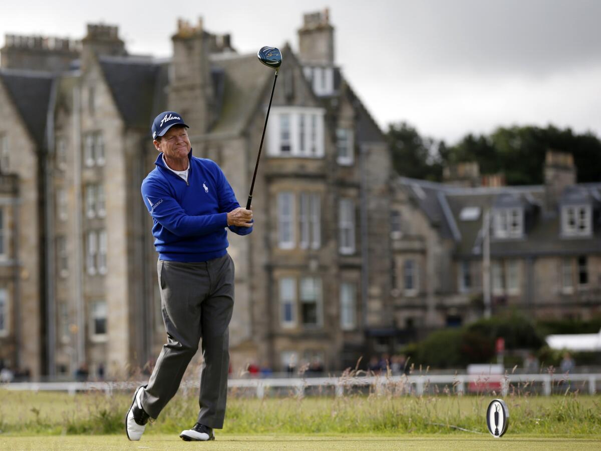 Tom Watson watches his shot from the 2nd tee during the first round of the 2015 British Open Golf Championship on The Old Course at St Andrews in Scotland.