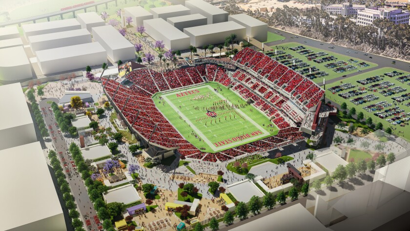 Aerial look at a rendering of San Diego State's proposed stadium in Mission Valley, which columnist Tom Krasovic believes should be named after Rocky Long.