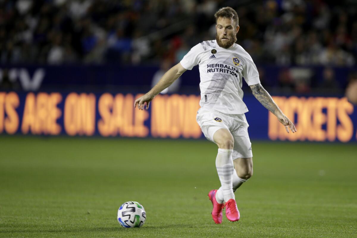 Galaxy forward Aleksandar Katai controls the ball against the Vancouver Whitecaps.