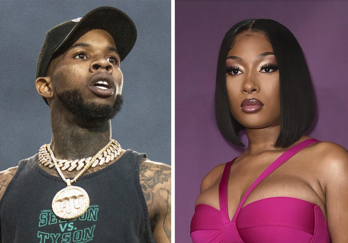 Separate photos of rappers Tory Lanez in a cap and heavy chains and Megan Thee Stallion in magenta