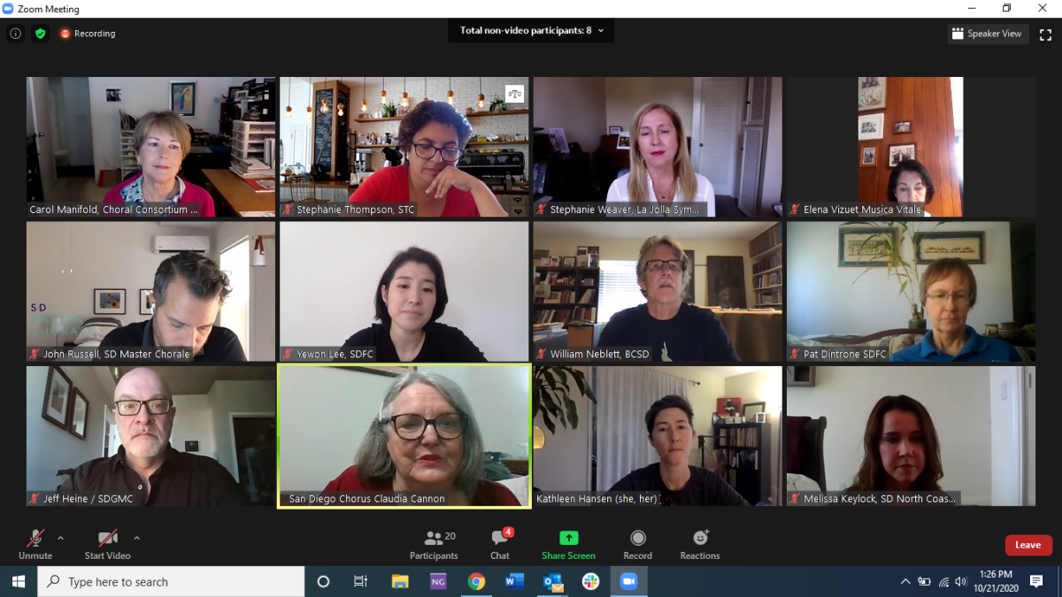 Representatives of San Diego singing groups speak during a webinar Oct. 21.