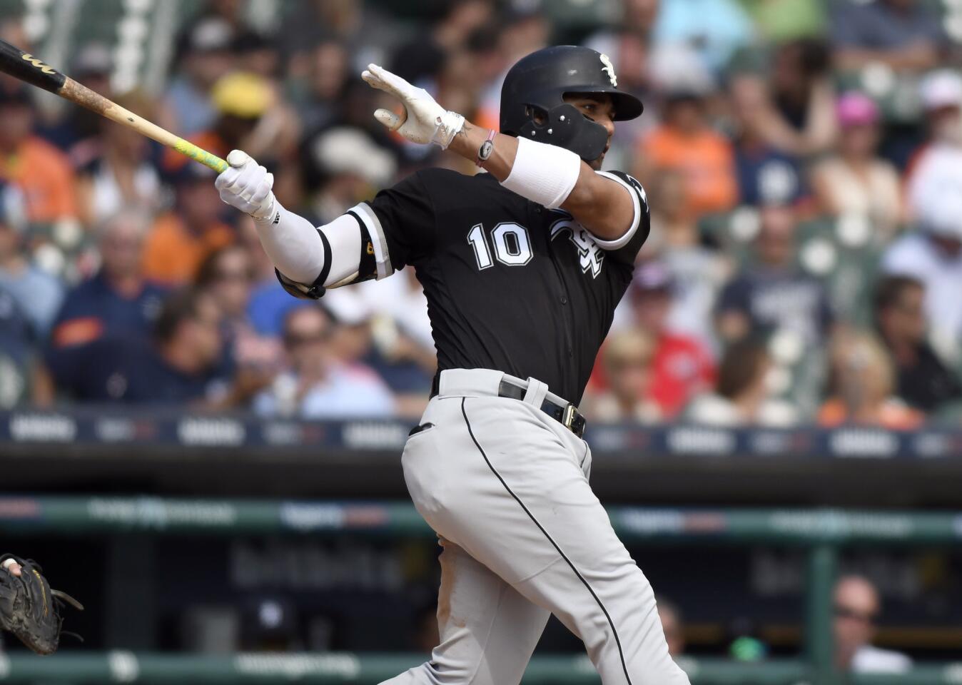 Yoan Moncada hits a single against the Tigers on Thursday, Sept. 14, 2017, in Detroit.
