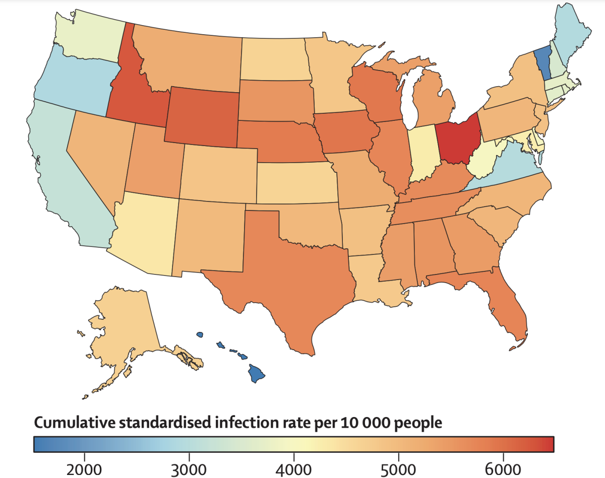 Une carte comparant le taux cumulé d'infections à coronavirus par État.