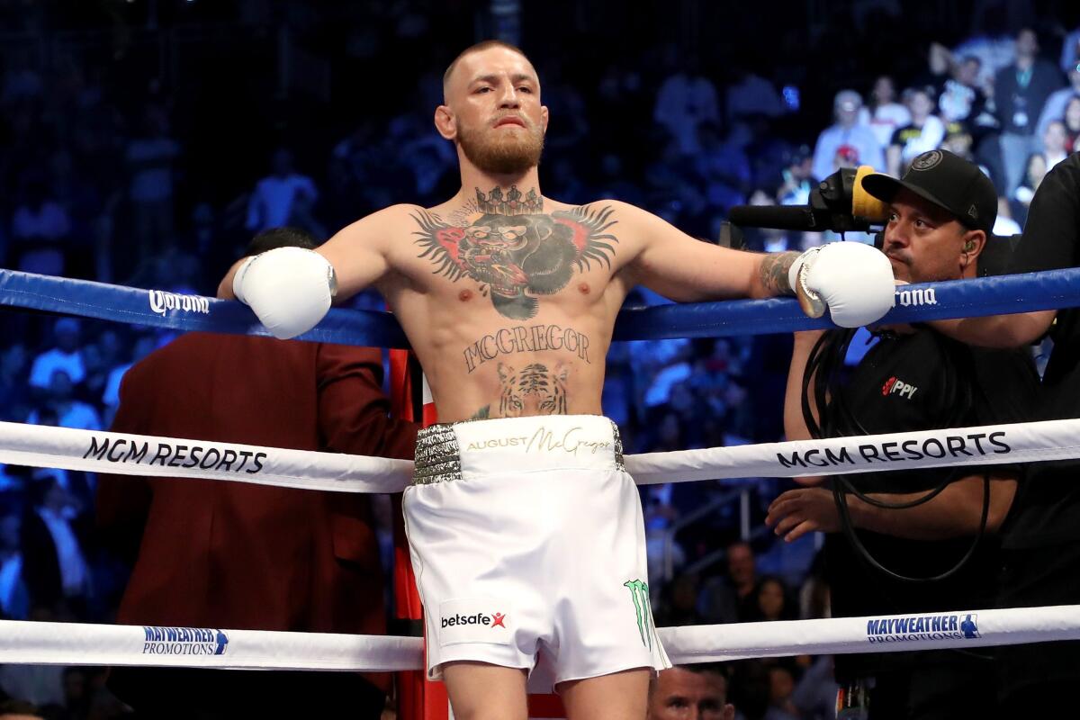 LAS VEGAS, NV - AUGUST 26: Conor McGregor stands in his corner during his super welterweight boxing match against Floyd Mayweather Jr. on August 26, 2017 at T-Mobile Arena in Las Vegas, Nevada. (Photo by Christian Petersen/Getty Images)