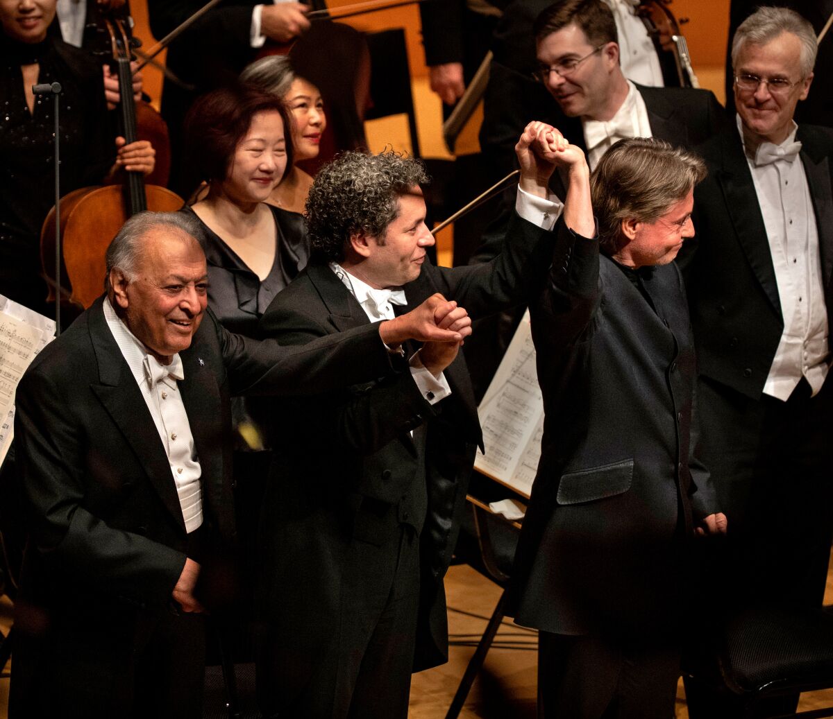 Zubin Mehta, left, Gustavo Dudamel, Esa-Pekka Salonen at LA Phil's 100th birthday at Walt Disney Concert Hall 10/24/19.