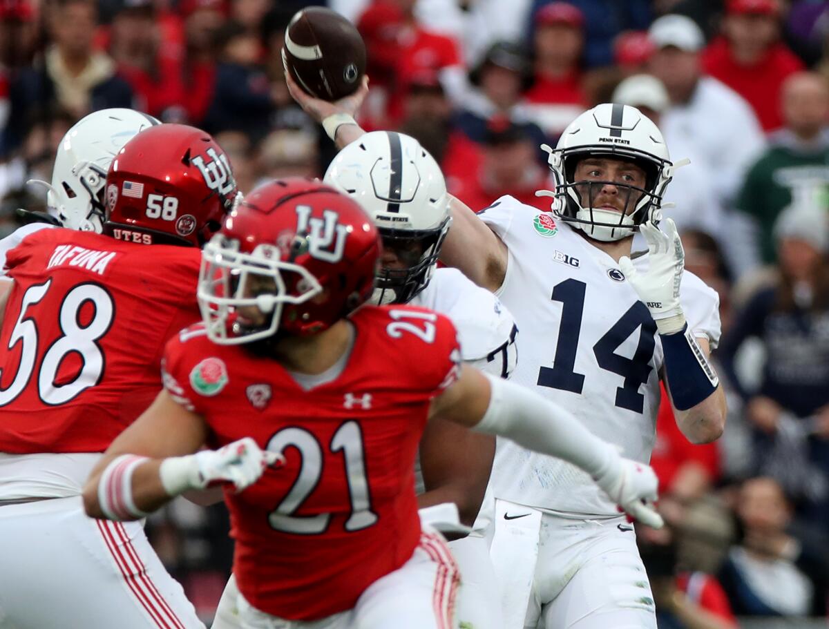 Penn State quarterback Sean Clifford passes against Utah in the first half of the Rose Bowl Game.