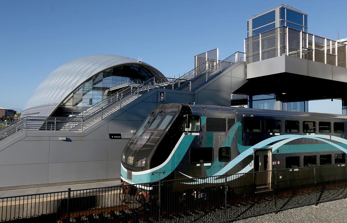 A Metrolink train arrives in Anaheim.