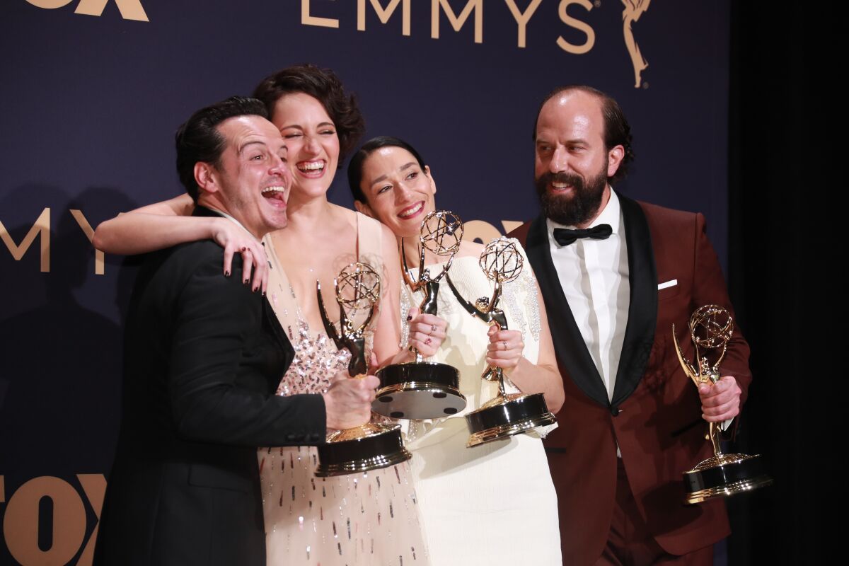 From left, "Fleabag" cast members Andrew Scott, Phoebe Waller-Bridge, Sian Clifford, and Brett Gelman in the General Photo Room at the 71st Primetime Emmy Awards at the Microsoft Theater in Los Angeles.