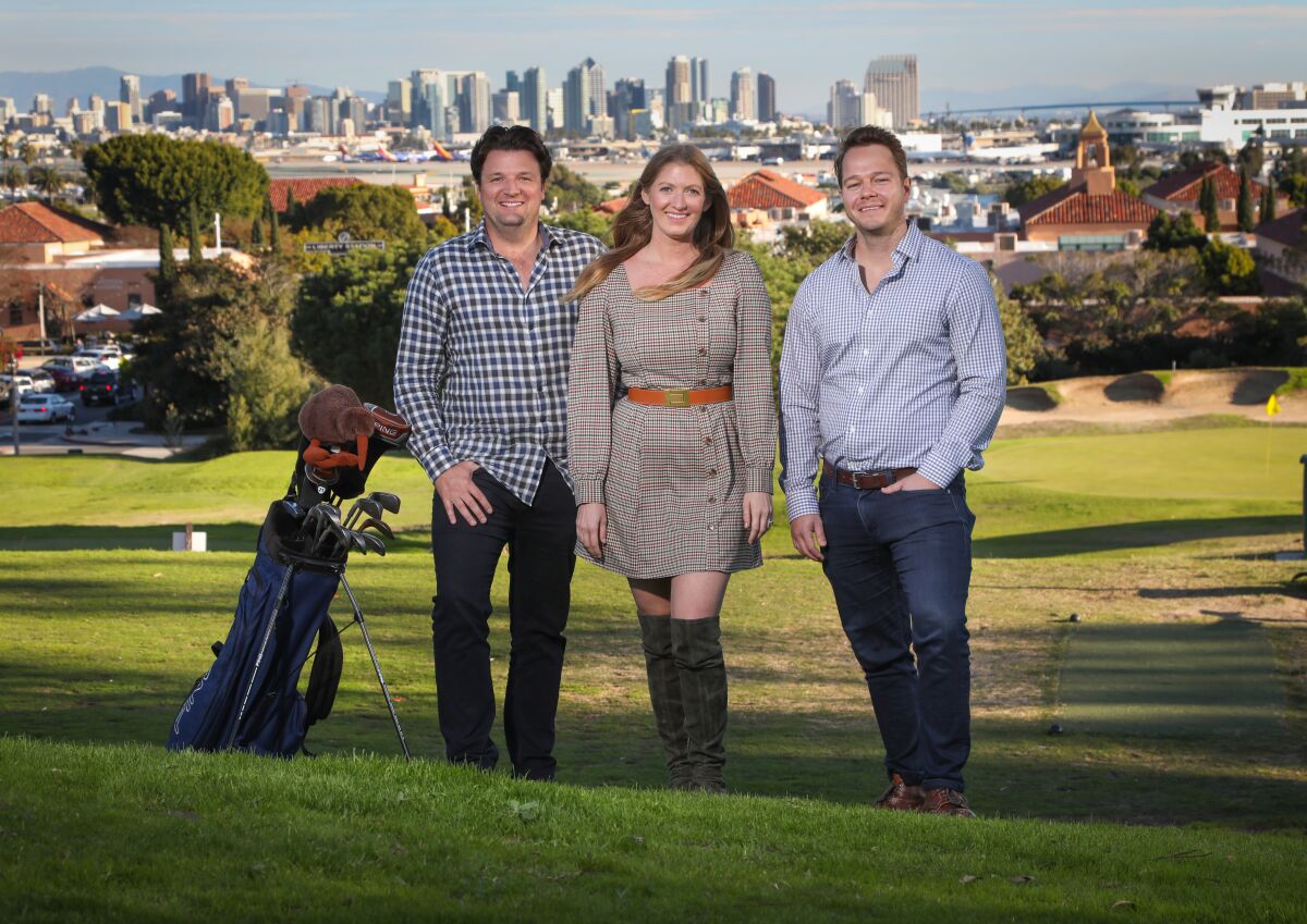 The new operators of The Loma Club golf course, bar and grill at Liberty Station at the 5th hole, with spectacular skyline views, are (from left) Luke Mahoney, Laura Johnson and John Levan. Not pictured is London-based partner, and Luke Mahoney's cousin, Oliver Mahoney.