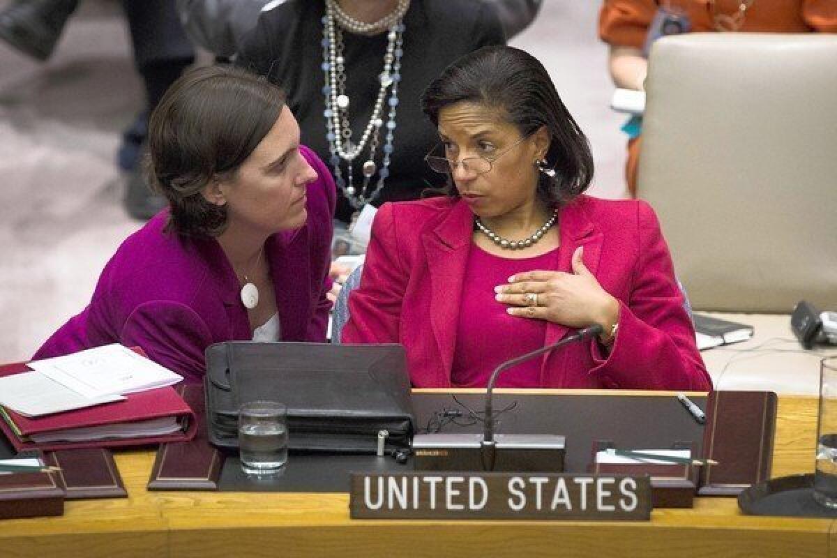 U.S. Ambassador to the United Nations Susan Rice, right, relied on the "talking points" provided by intelligence officers when she spoke on TV about the Sept. 11 attack on the U.S. diplomatic mission in Benghazi, Libya.