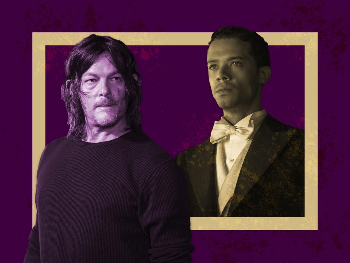 collage of Norman Reeus of “The Walking Dead” and Jacob Anderson of “Interview with the Vampire” with spatters in background