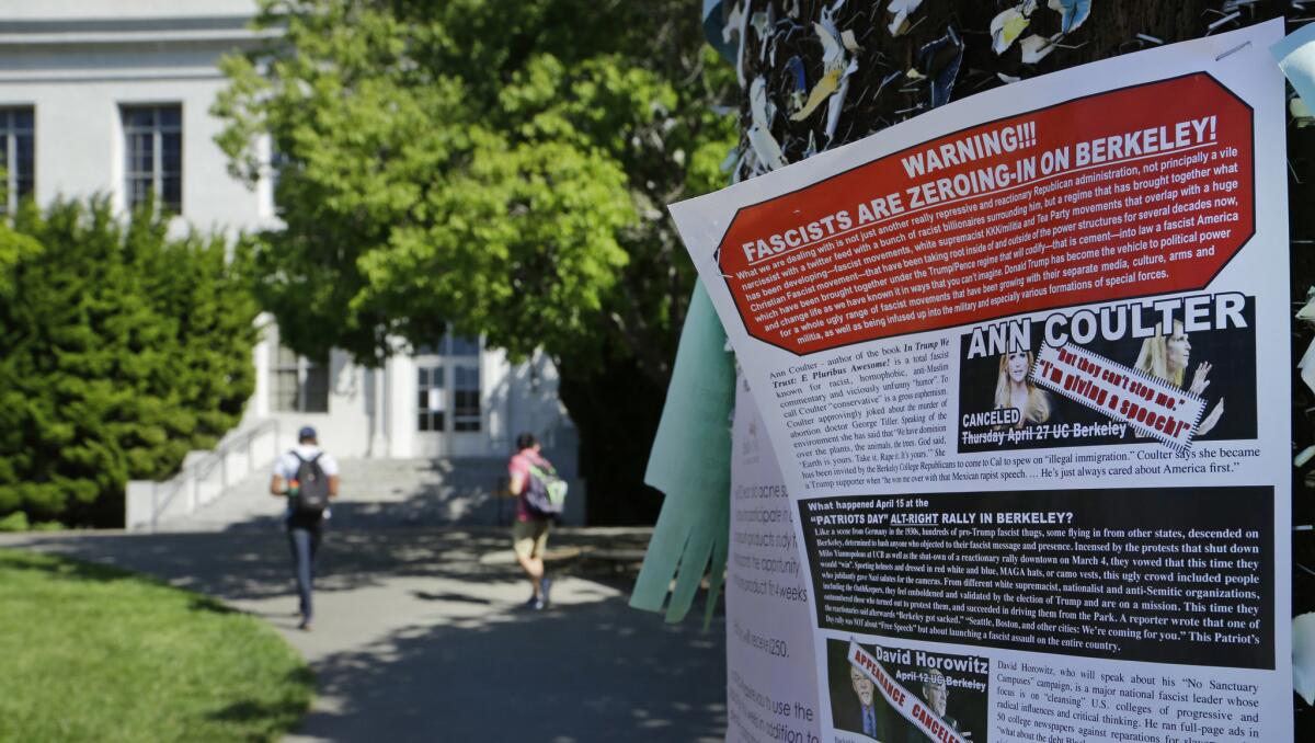 A leaflet is stapled to a message board near Sproul Hall on the UC Berkeley campus.