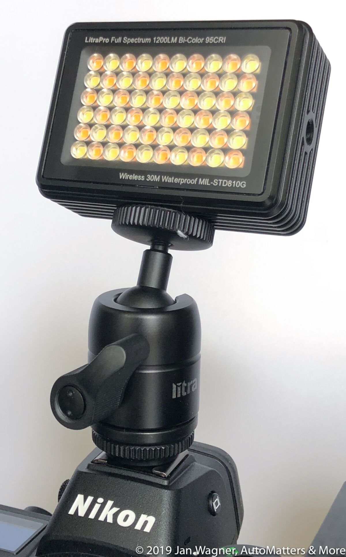 LitraPro LED light on cold shoe ball mount