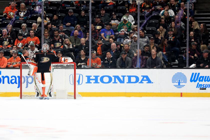 LOS ANGELES, CALIFORNIA - FEBRUARY 12: John Gibson #36 of the Anaheim Ducks looks on after allowing a goal during the first period of a game against the Calgary Flames at Staples Center on February 12, 2020 in Los Angeles, California. (Photo by Sean M. Haffey/Getty Images)